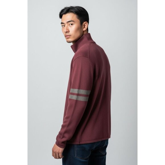 Gap Mens Full-Zip Burgundy Sweater With Gray Stripes On Sleeves - Picture 3 of 12